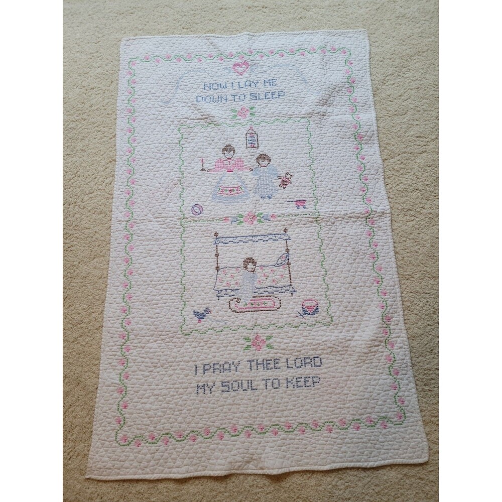 Vtg Cross Stitch Embroidered Baby Blanket Now I Lay Me Down To Sleep 34x52